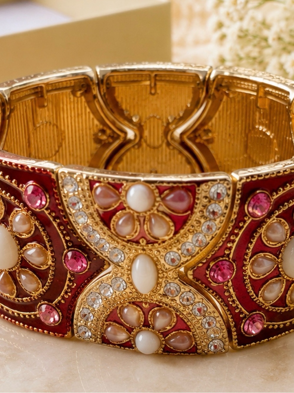 Wide Gold Toned Victorian Revival Stretch Statement Cuff - Picture 3 of 4